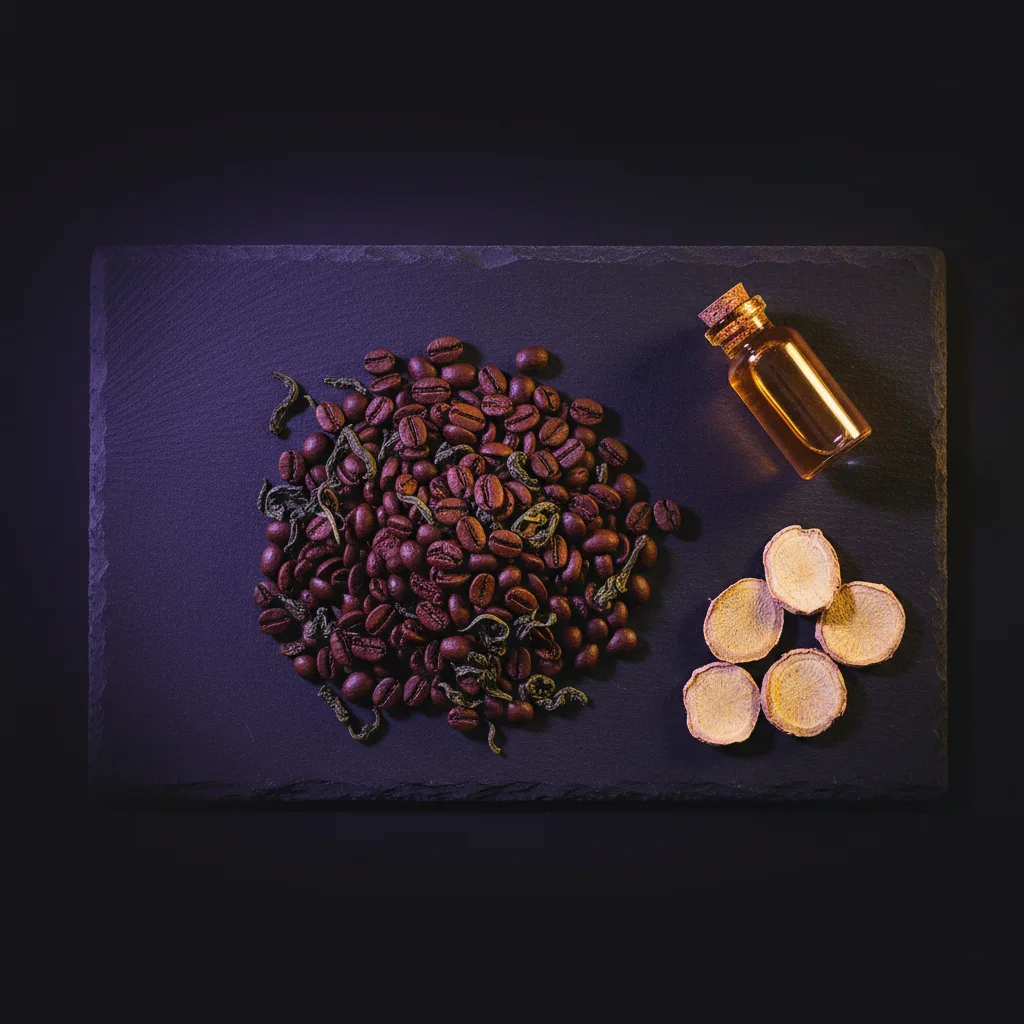 Flat-lay of green coffee beans, dried botanicals and amber extract vial on dark slate - ingredients in Slim Coffee Booster